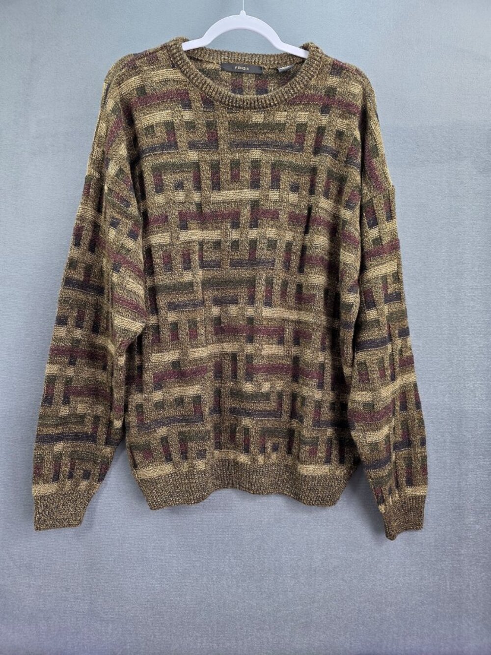 Fenzia Men's XL Geometric Grandpa Sweater Brown Olive Burgundy Retro